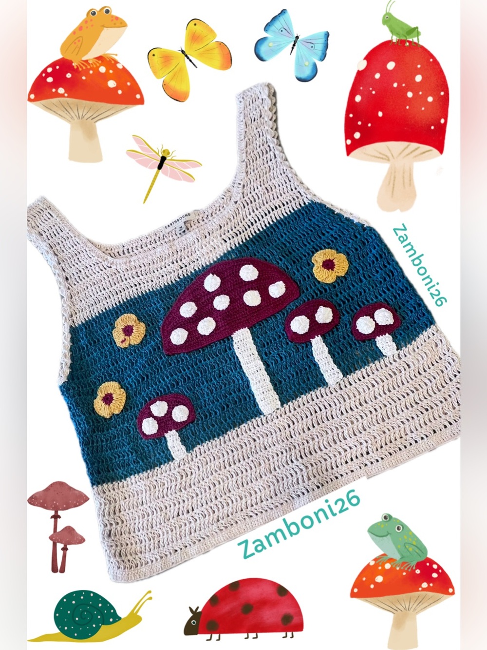 EARTHBOUND Crochet Mushroom Tank Cottagecore Fairy Festival Coquette Boho Medium